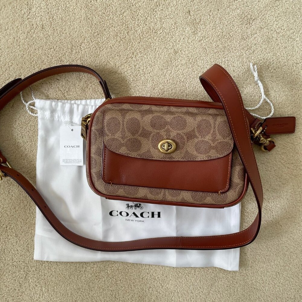 Coach Crossbody Willow Camera Bag. Brass Buckle, Signature Canvas Color